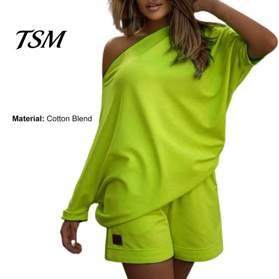 Summer Top Set 2 Pcs/Set Women Tracksuit Solid Color One-shoulder Short Shorts Pants Leisure for Daily Wear