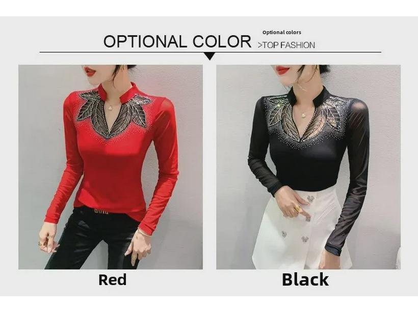 Bluză de toamnă 2023 de designer, slim fit, cu mâneci lungi, cu detalii hot diamond pentru femei