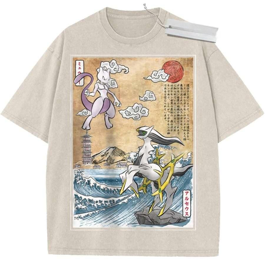 

T Shirt Sports T Shirt Short Sleeve T Shirt Multi Color Unisex Pure Cotton Washed Vintage Pokemon Mewtwo and Arceus Japanese M
