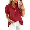 Women Ruffle V Neck Blouse Short Sleeve Casual Loose Fit Solid Top with Button Front and Puff Sleeves for Daily Wear