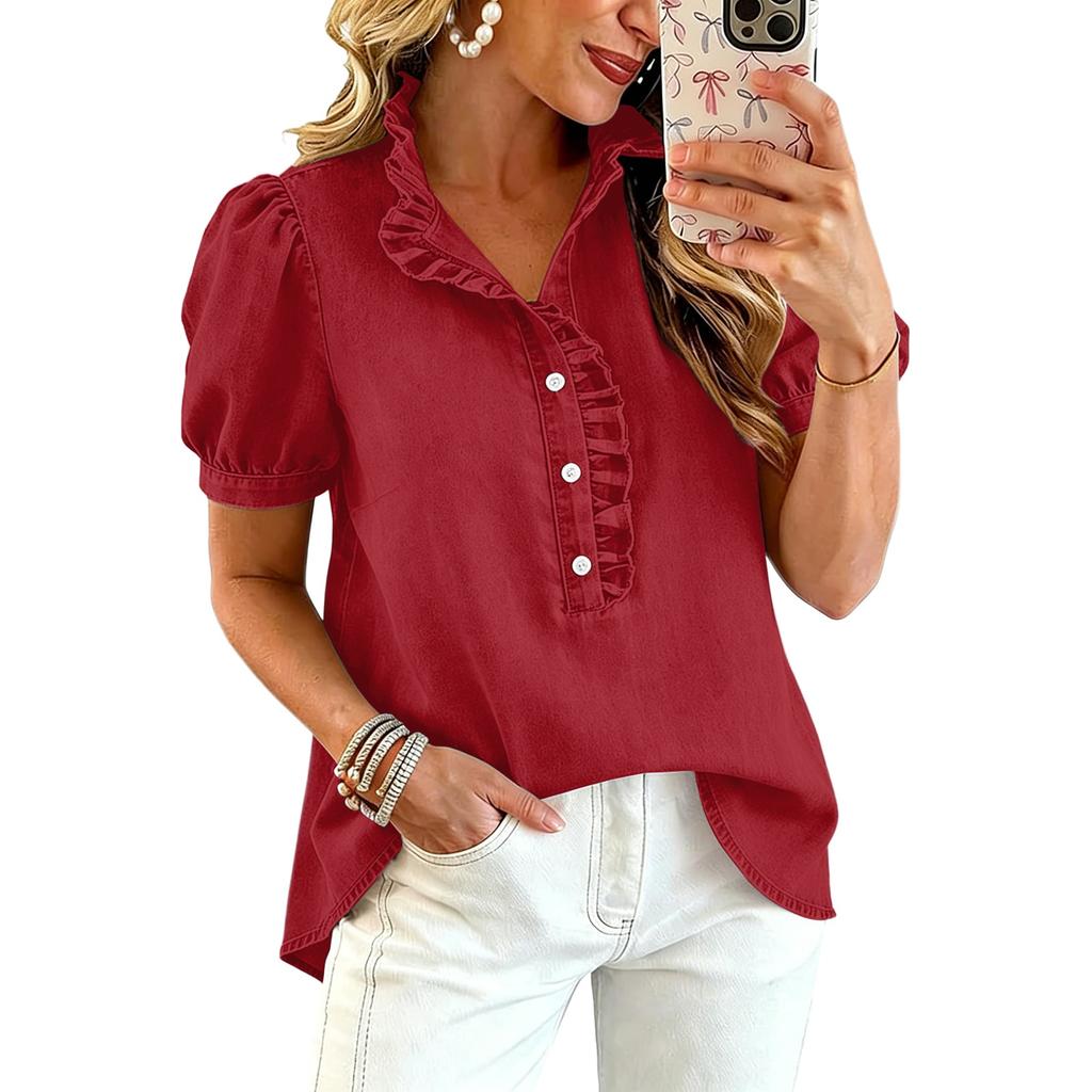 Women Ruffle V Neck Blouse Short Sleeve Casual Loose Fit Solid Top with Button Front and Puff Sleeves for Daily Wear