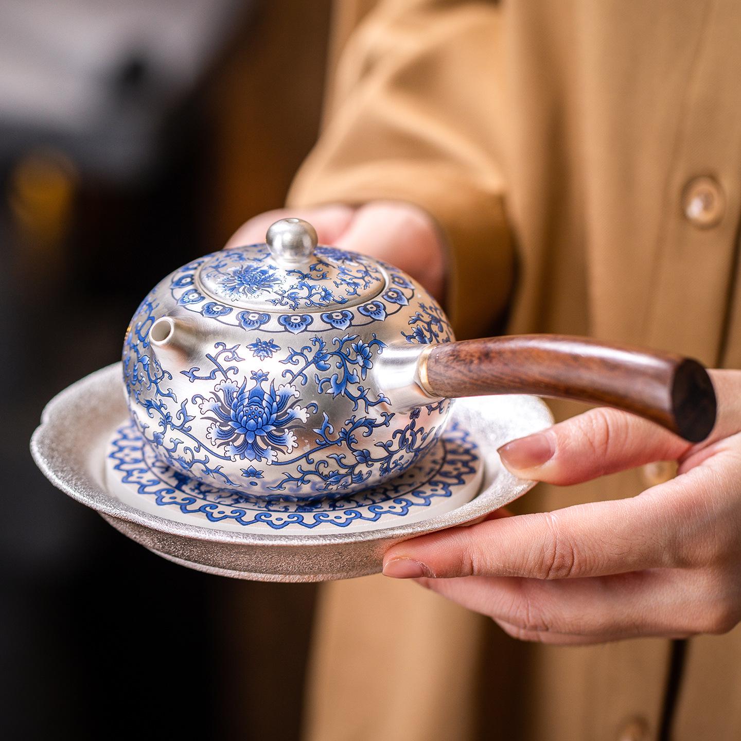

Blue & White Gilded Gongfu Tea Set: Teapot, 2 Cups & Tray in Gift Box for Home or Office.