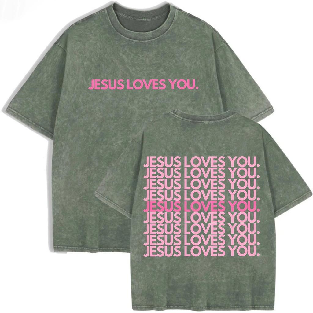 Christian Jesus Loves You Graphic T Shirt Men Women Vintage Washed Oversized Religious Streetwear Bible Verse Short Sleeve Tee