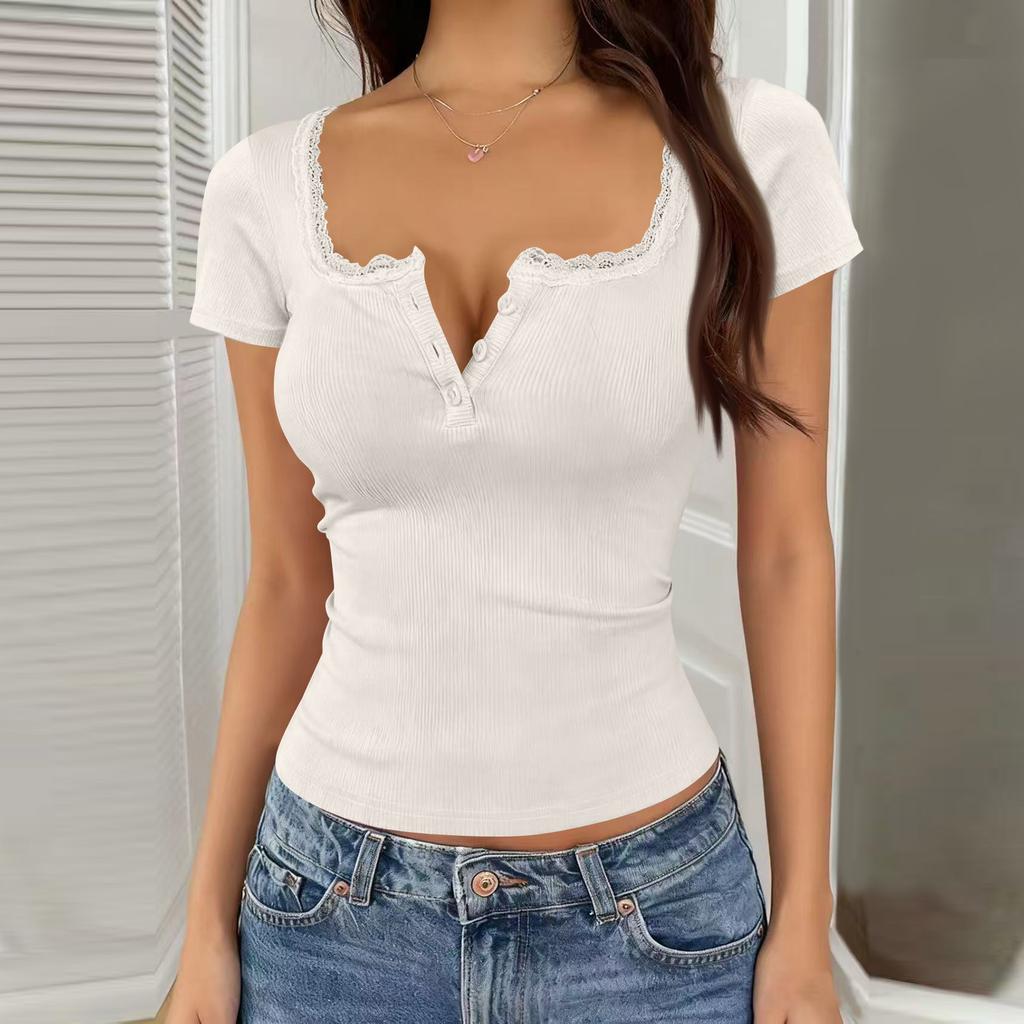 Women's Spring And Summer Lace Button V-neck Fashion Short Sleeve Top