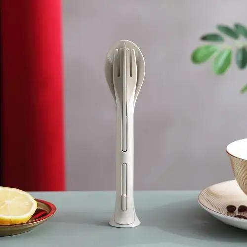 

Креативный портативный пшеничный соломенный три в одном нож, вилка и ложка семейный пластиковый набор столовых приборов в западном стиле из пшеницы и вилки белый