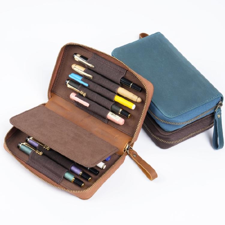 Leather Fountain Pen Case 10 Section Zippered Pencil Bag Fountain Pens Storage Pouches For School Office Supplies