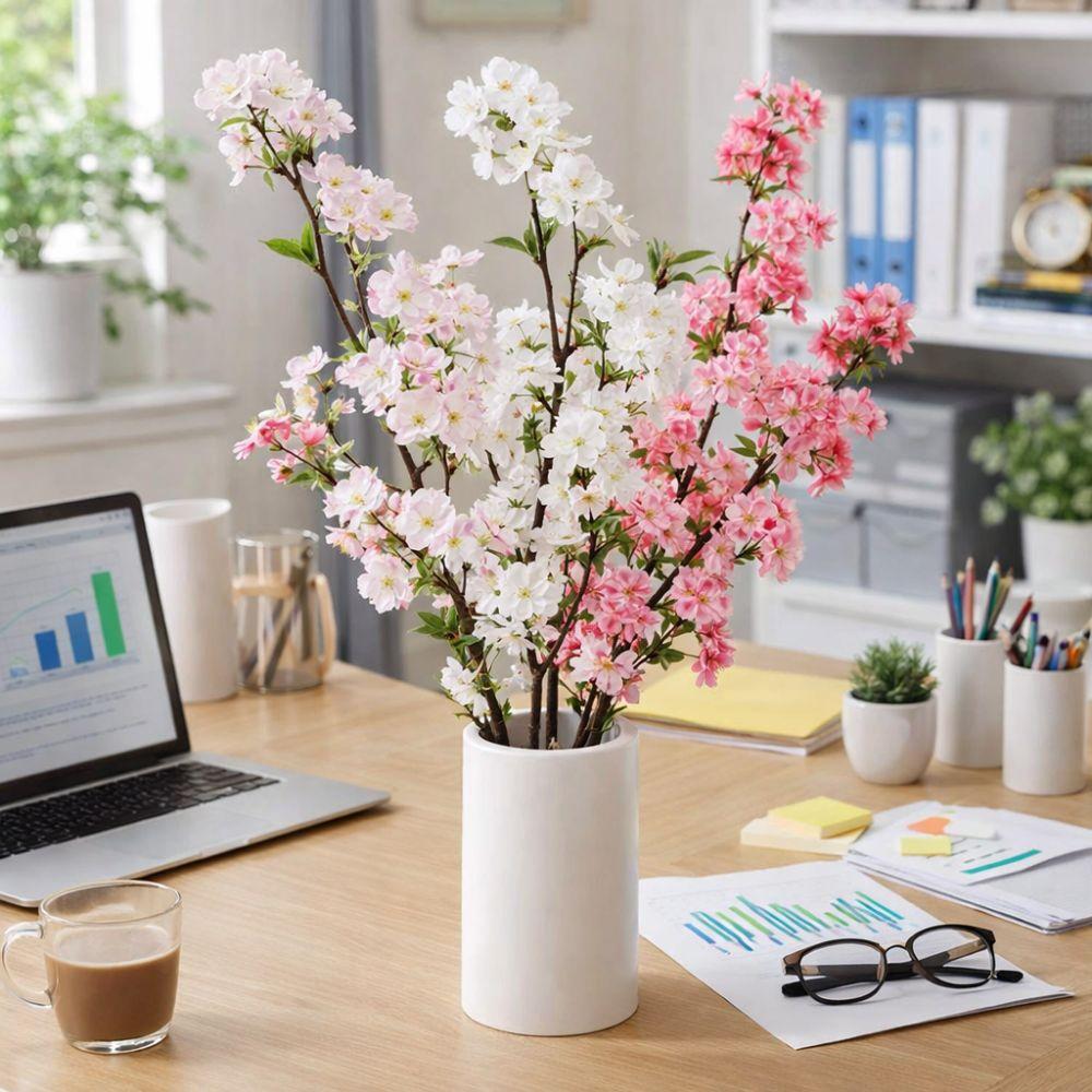 Long Artificial Cherry Blossom with Leaves Fake Flower Silk Cherry Blossoms Branch  Home Decoration