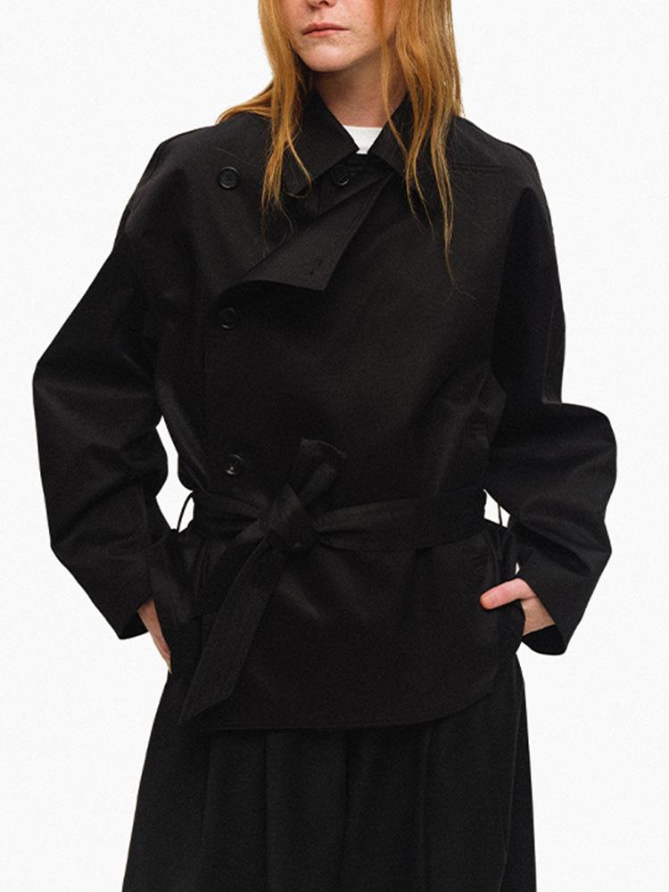 American Short Lapel Trench Coat: High-End Waist-Defining Double-Breasted Loose Long Sleeve Jacket for Women