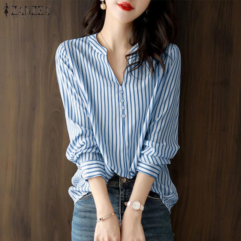 

ZANZEA Женская повседневная блузка с длинным рукавом и v-образным вырезом в полоску