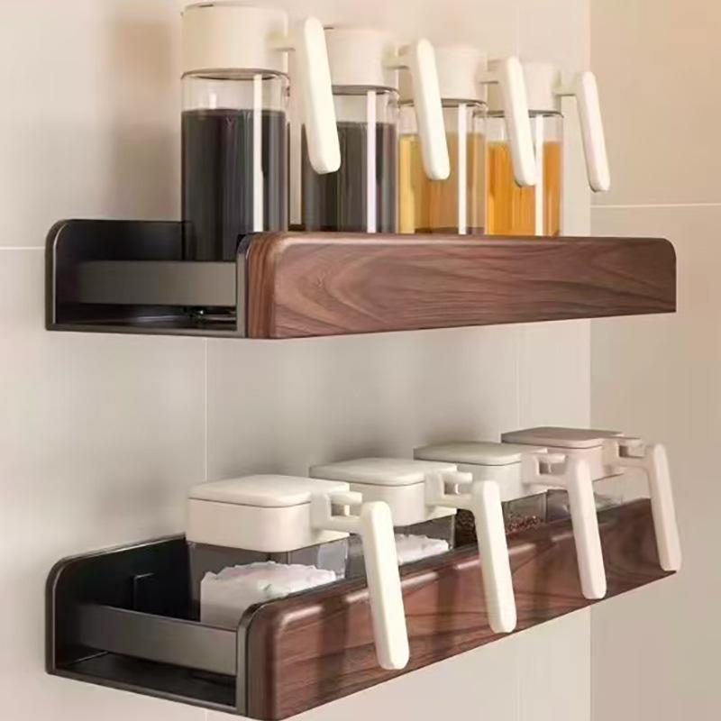 Wandmontiertes Badezimmerregal aus Nussbaumholz mit Waschbecken und Stauraum, Bohrlos