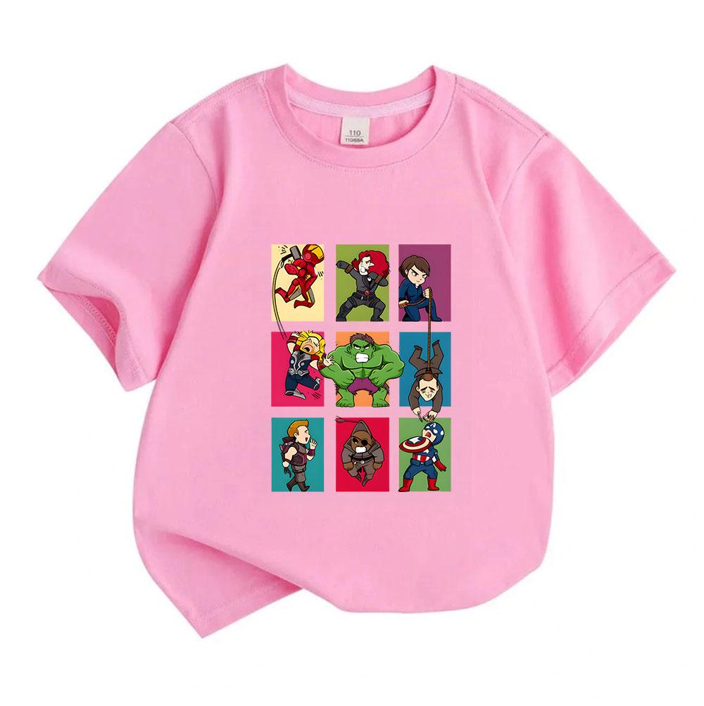 Kids Boys Girls 100% Cotton Crew Neck Short Sleeve T-Shirt Cute Superhero Chibi Group Print Casual Soft Breathable Tee for Daily Wear Summer Tops for