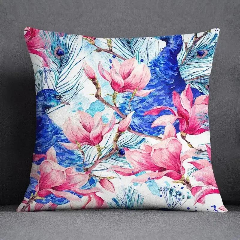 Pfauen und Blumen Bedruckte Kissenbezüge Muster Kissenbezug Geeignet für Sofa Schlafzimmer Auto Kissenbezug