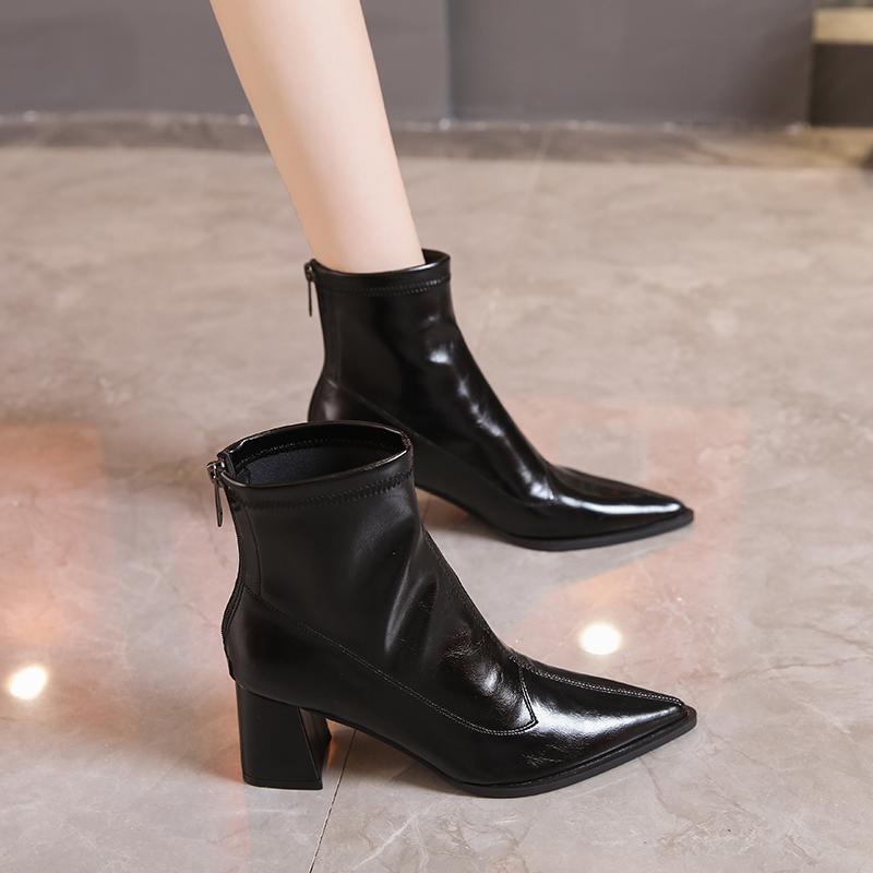 Fashion Horse Boots Female Ins Pointed  Skinny Boots  Winter New Patent Leather Thick with Fashion High Heel Short Boots Botas De Mujer