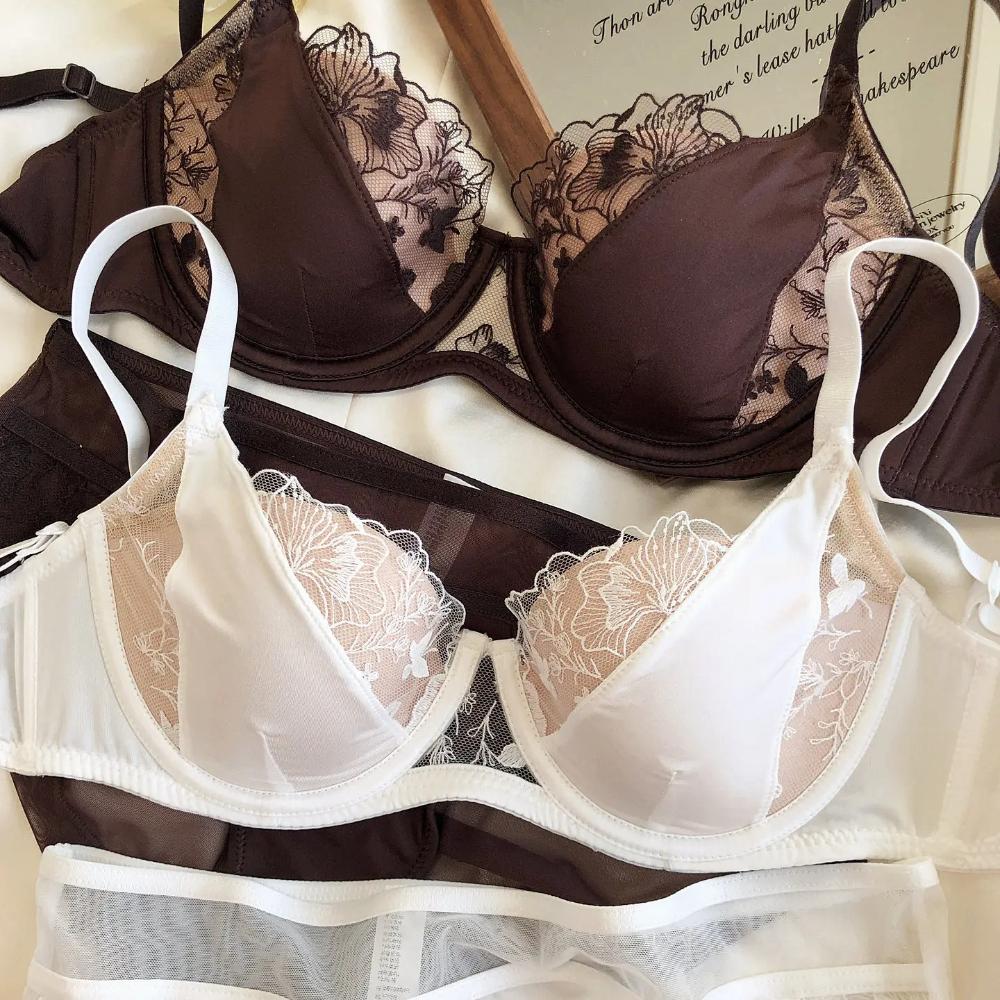 Sexy Lace Women Lingerie French Flowers Embroidery Bra Set Breathable Mesh Splicing Push Up Bras Hollow Thin Cup Underwear Sets
