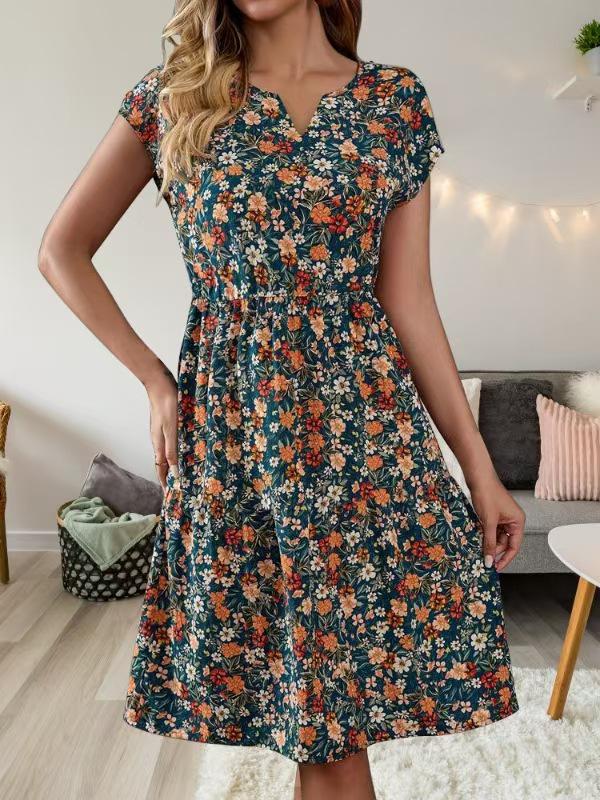 

2024 Женское элегантное платье с V-образным вырезом, короткими рукавами и принтом, с эластичной талией XL