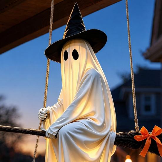 Halloween Hanging Ghost Outdoor Decoration Spooky LED Light Up Witch Ghost On Broom for Home