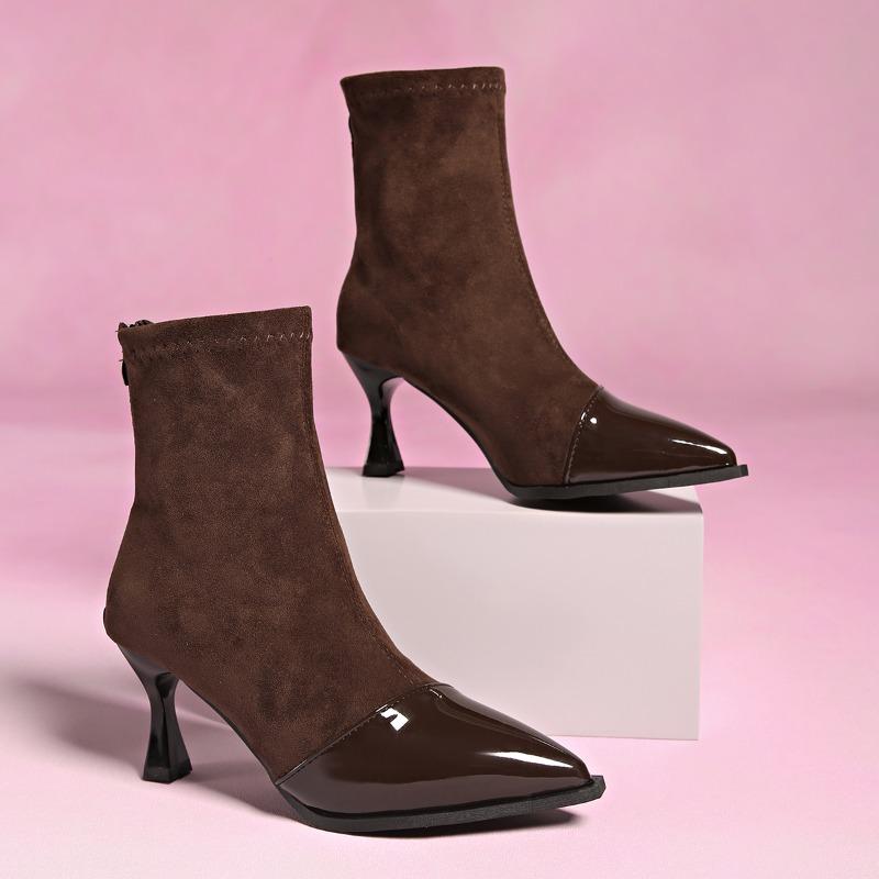 

Stiletto Booties Fashion Paneled Suede Zipper Non-Slip Wear-Resistant Heel Skinny Boots 35