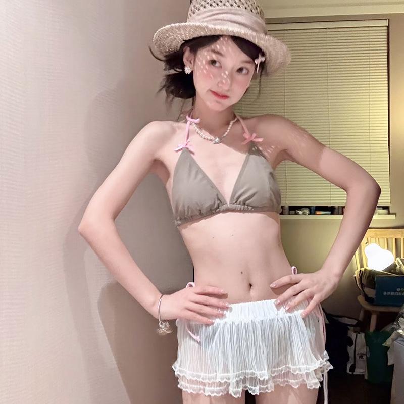 

Gray Toned Three-Piece Split Bikini Set with Long Sleeve Cover-Up - Small Bust Conservative Style for Island Hot Springs L