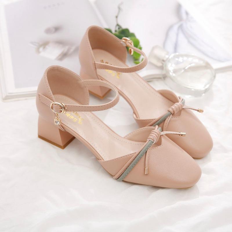 Women Quality Beige Pu Leather Office Square Heel Shoes Women Fashion Round Toe Bow Tie High Lady Career Shoes elegant pumps f