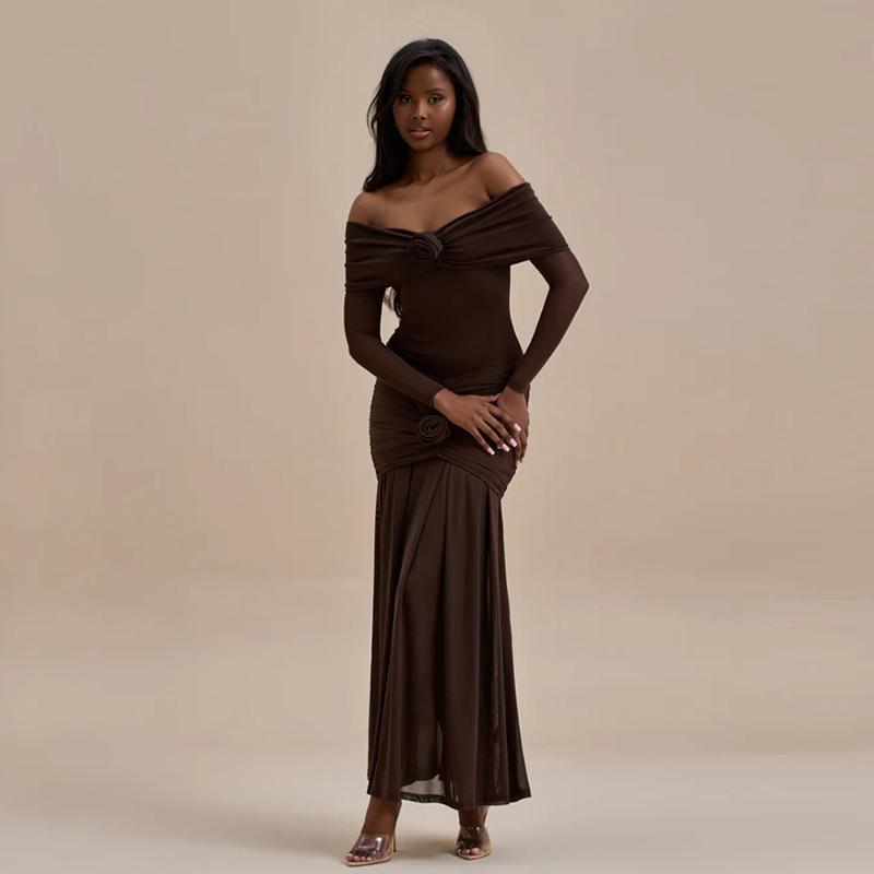 2025 Autumn Floral Off-Shoulder Ruched Long Sleeve Dress Large