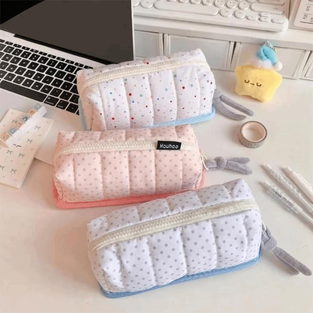 Large Capacity Pencil Box Dot Pattern Stationery Bag Fashion Pen Bag Portable Use