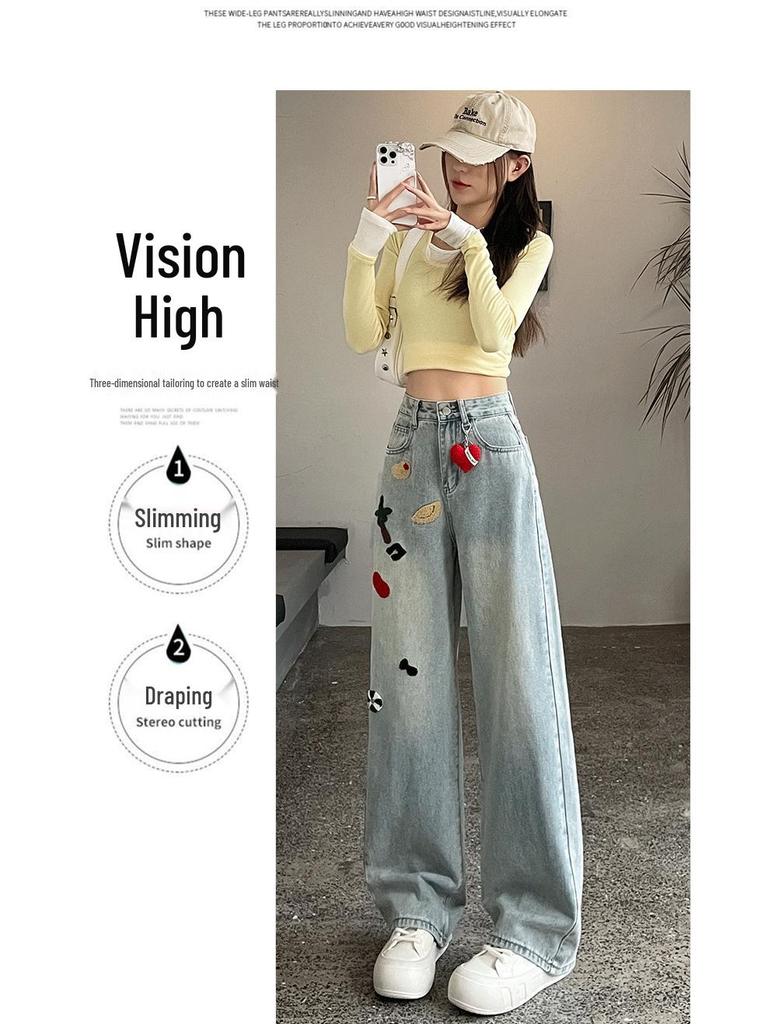 Women's Light Color Wide-Leg Jeans with Heavy Embroidery - Spring/Autumn Cartoon Style