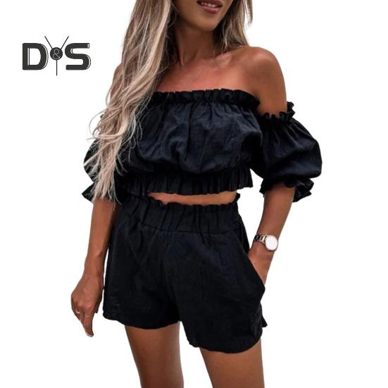 

2 шт./компл., женский укороченный топ, шорты, комплект с короткими рукавами-пузырьками, с открытыми плечами и открытой спиной, бандо с высокой талией, сплошной цвет, карманы, женский клубный наряд для вечеринки M чёрный