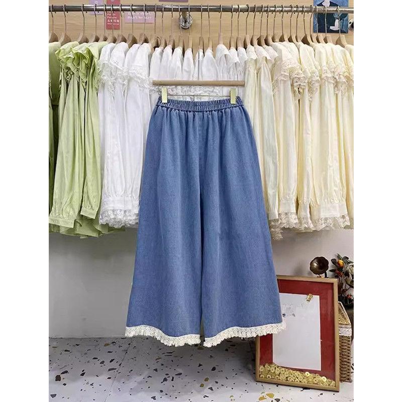 

MOJTA Women Spring Autumn Plus Size Tassel lace nail bead Jeans Casual Loose cropped Pants Wide Leg Trousers L [80-60kg]