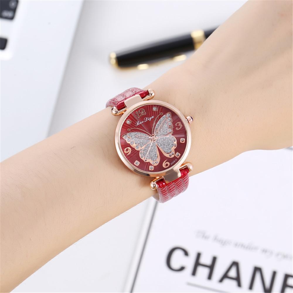 Women Butterfly Rhinestone Dial Quartz Watche Ladies Wristwatche Simple Leather Clock