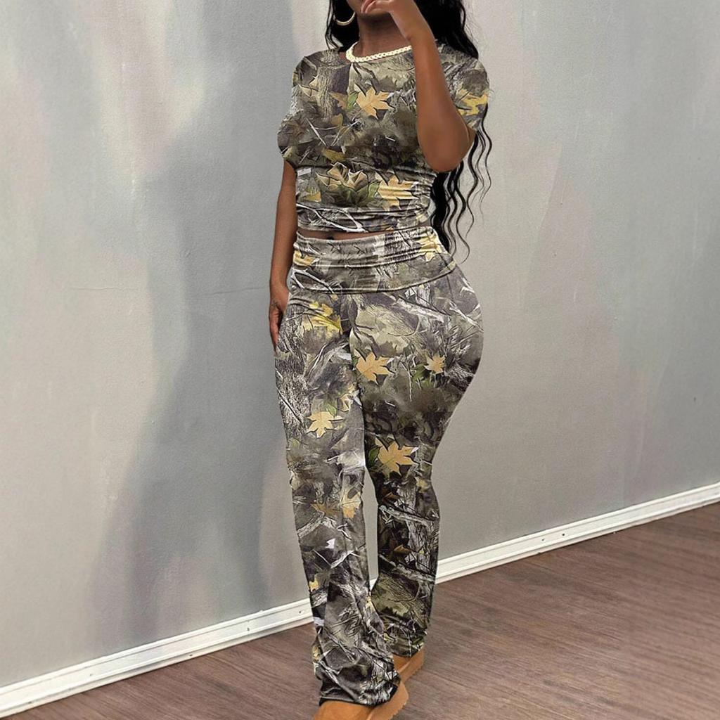 Spring and Autumn new casual fashion random printed short-sleeved T-shirt trousers women's suit