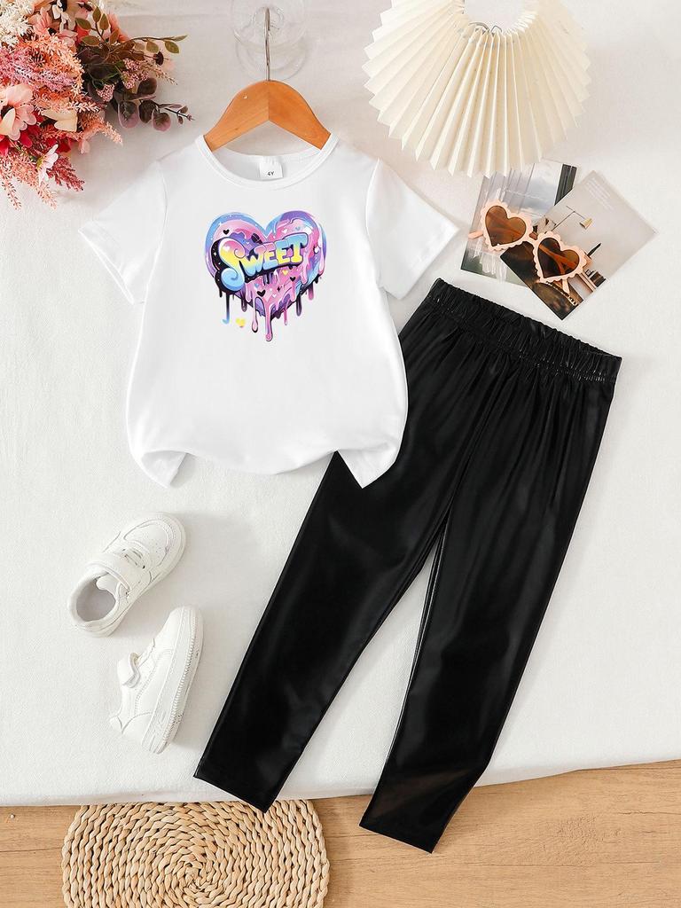 Summer Girls' Two-Piece Set: Fashionable Printed Short Sleeve Top & Long Pants