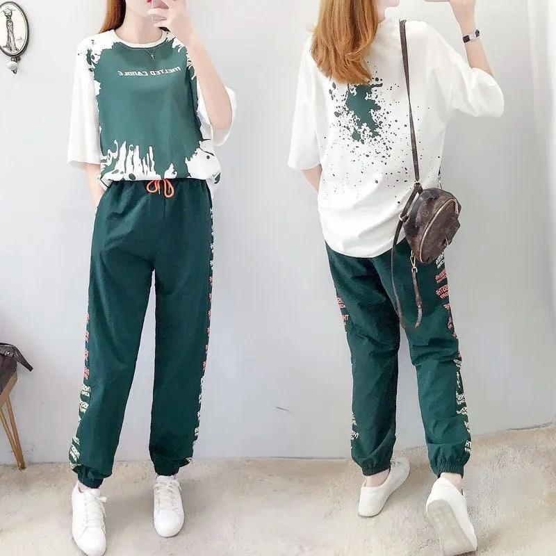 FiveFive Harem Pants Two Piece Suit Female Summer Student Wide Leg Pants Short Sleeve T-shirt Two-piece Suit