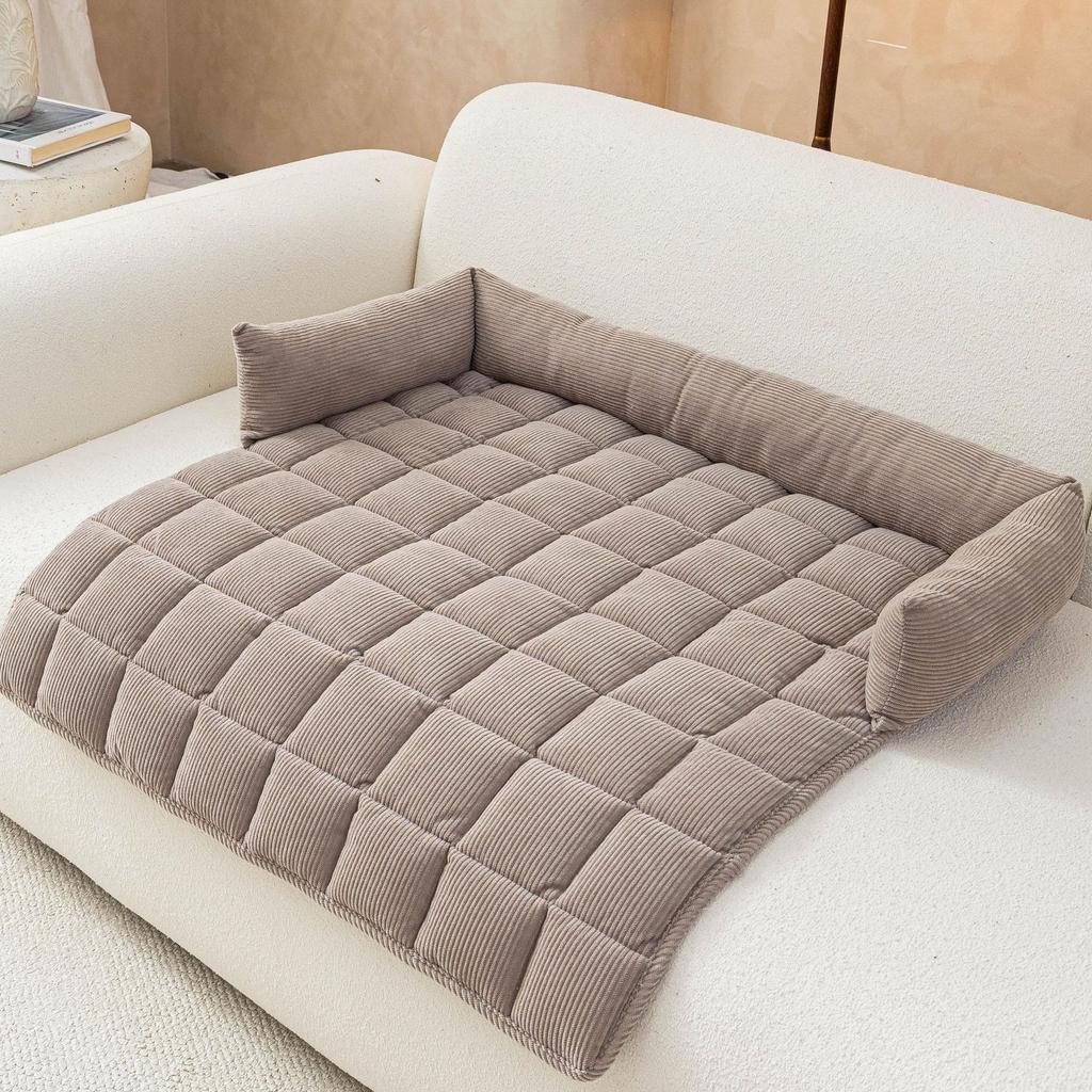 Checkered Corduroy Pet Bed with Bolster for Dogs and Cats
