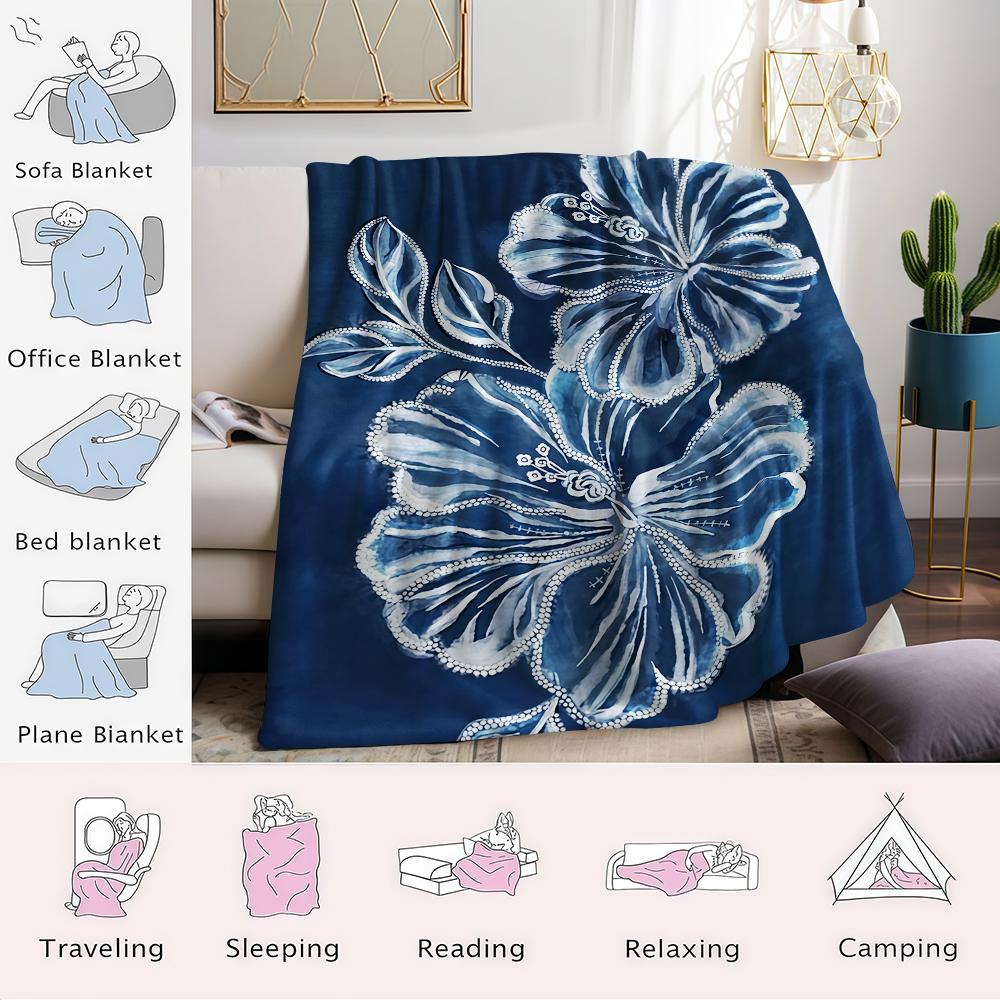 Navy Blue White Floral Flannel Blanket Warm Soft Halloween Christmas Couch Warm Cozy Decorative Decor Gift for All Season