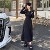 French Style Long Sleeve Knitted Dress Vintage Waist Cinching A- Line Skirt Women Autumn Winter Slimming Inner Wear