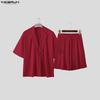 INCERUN Summer Two Pieces  Men V Neck Texture Short Sleeve Tops and Shorts Clothing Sets