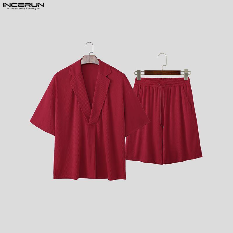 INCERUN Summer Two Pieces Men V Neck Texture Short Sleeve Tops and Shorts Clothing Sets