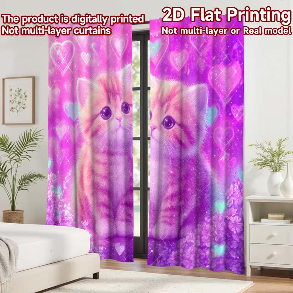 2D flat printing 2pcs Curtain Drapes Valentine Cute Kittens Digital Printed Polyester Drapes Family Party for Festive for