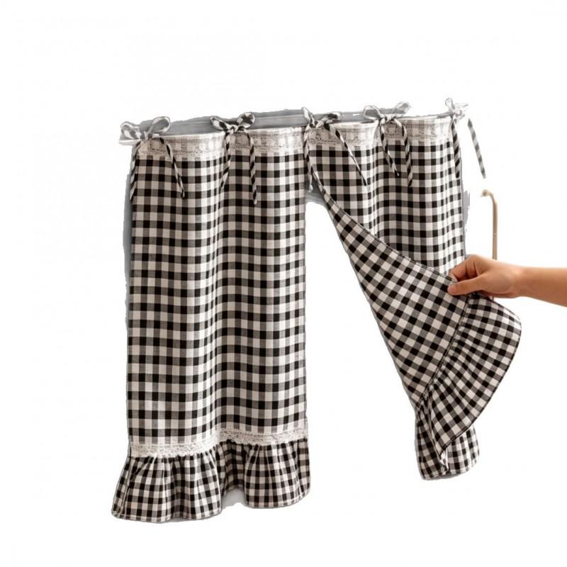 Lace Trimmed Oven Door Curtain With Center Tie Cotton Blend Grid Kitchen Appliance Cover