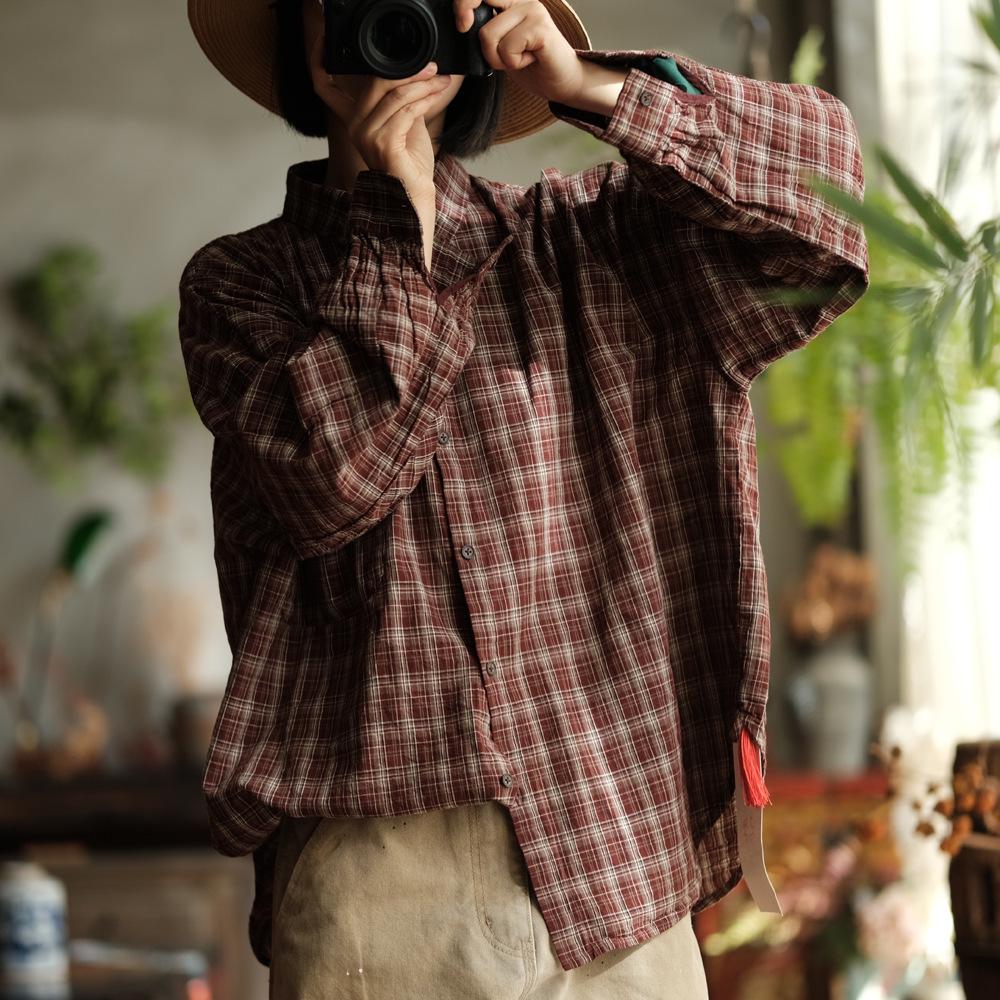 Women's Retro Plaid Long Sleeve Sun Protection Shirt - Coffee