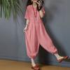 Women Casual Round Neck Short Sleeve Loose Grid Print Jumpsuits