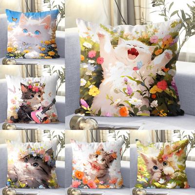 Cute Cat Pattern Decorative Pillowcase Living Room Bedroom Square Cushion Pillowcase