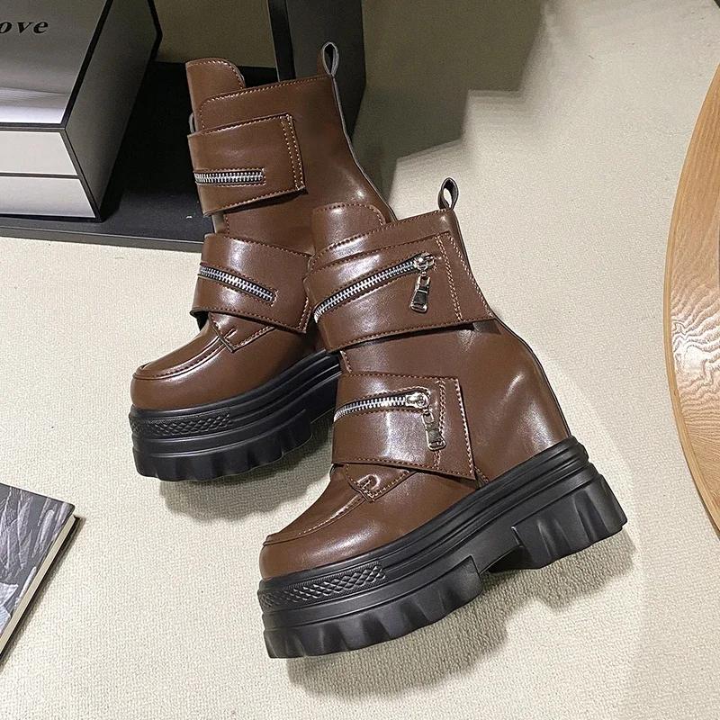 Fashion Women's Leather Ankle Boots Autumn Winter 11CM Heels Sneakers Round Toe Short Boots Woman Zip Motorcycle Platform Botas 2024