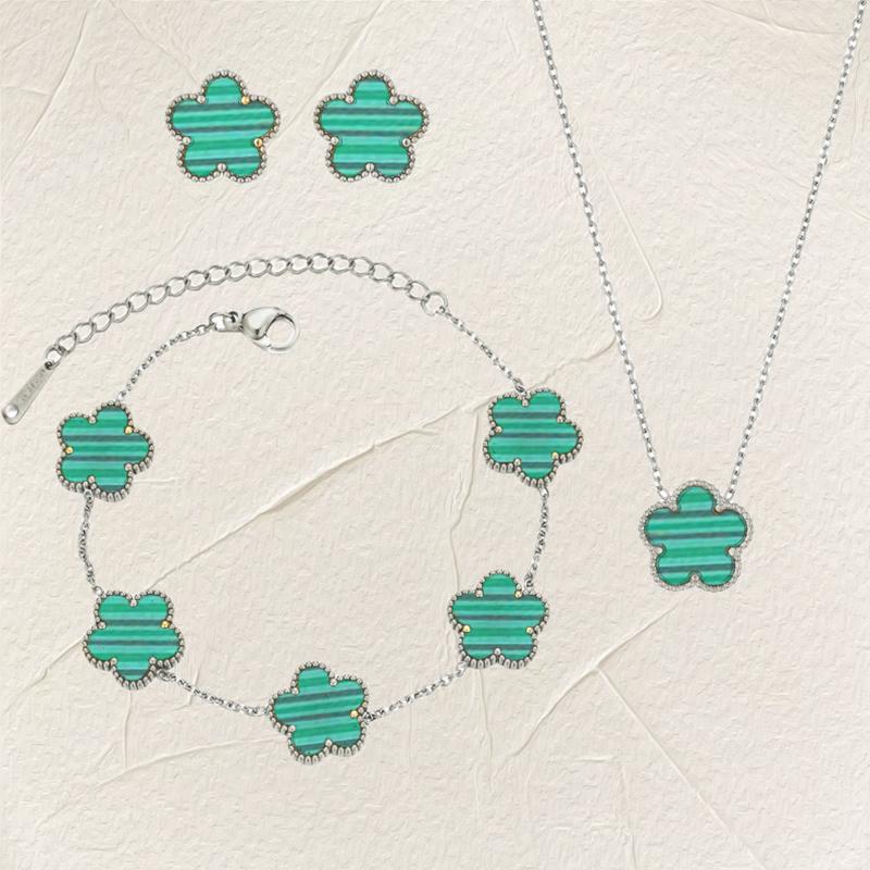 Luxury Zircon Set for Women copper Color Chain Stainless Steel Double Sided Five Leaf Flower Necklace Earrings Bracelet Clover