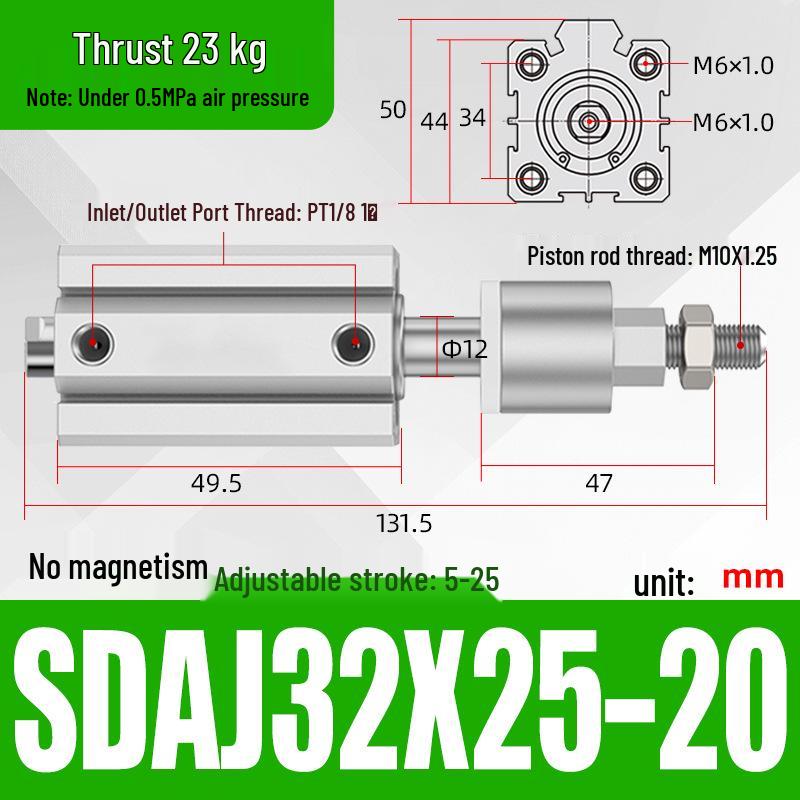 Adjustable Stroke Pneumatic Thin Cylinder - Piston Rod Sizes: 16/20/25/32/40/63