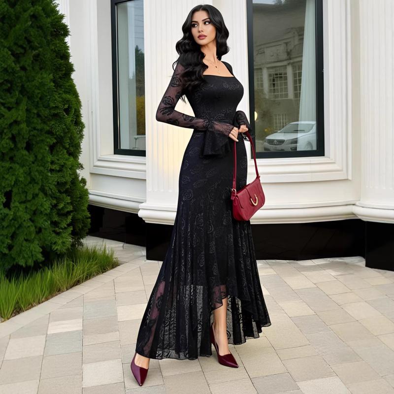 Fashionable and Elegant 2026 New Women's Dress with Mesh Jacquard Square Neck and Irregular Hem, Sexy Slim Fit Dress