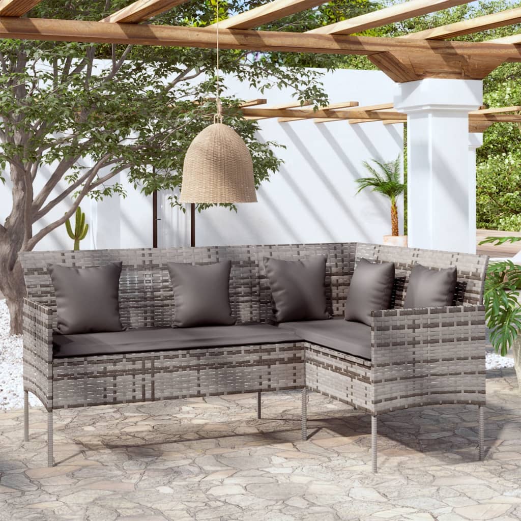 L Shaped Sofa with Cushions Poly Rattan Grey