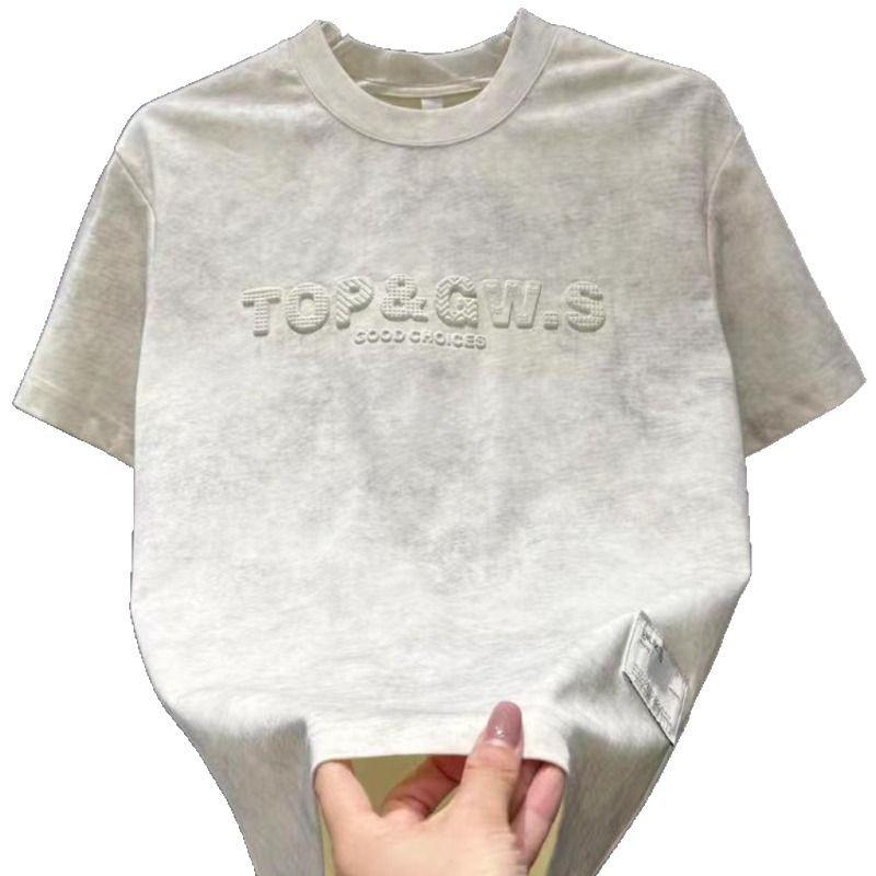 2025 Letní Trendy Minimalistické Batikované Embosované Tričko s Kulatým Výstřihem - Všestranný Ležérní Design s Polovičním Rukávem