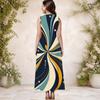 Women Plus Size Round Neck Sleeveless Black Grey Patchwork Print A Line Long Dress With Side Pockets