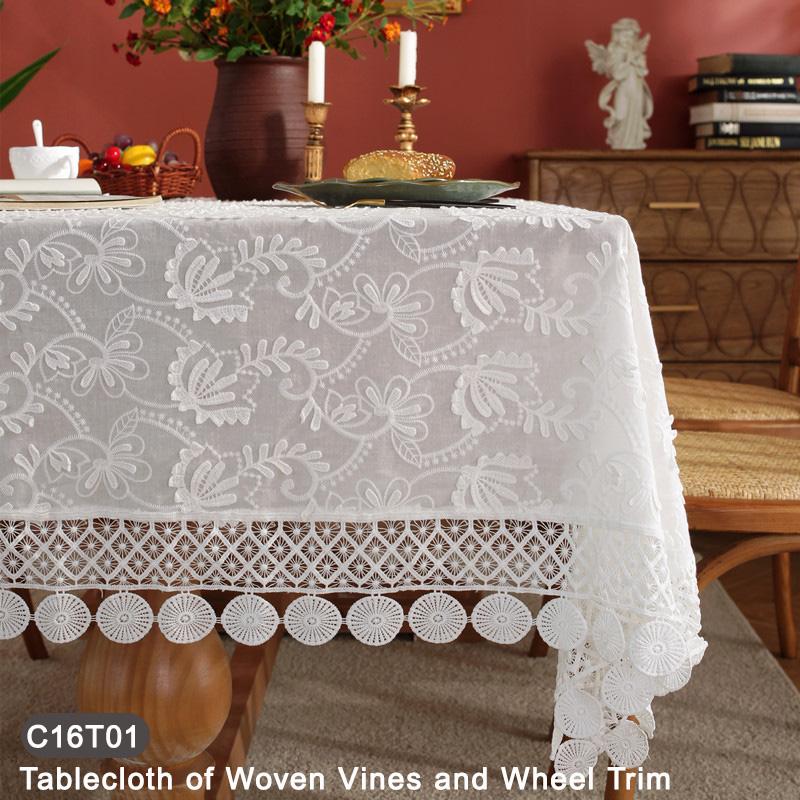 French Lace Tablecloth with 3D Embroidered Vines, White Cotton Table Cover for Wedding & Dining Decor 40x90CM